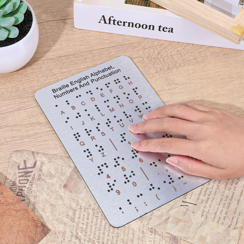 Braille Alphabet Board, Aluminum Letter Fingerboard Portable Carved Dots Numbers Board Braille Gifts Alphabet Chart Visually Impaired Products for Blind People Beginners Teaching Aid (Sliver)
