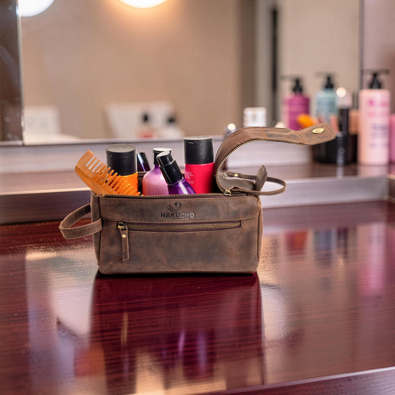 Full Grain Leather Toiletry Bag for Men & Women – Water-Resistant Travel Shaving Kit Organizer with YKK Zipper, Spacious Bathroom Grooming & Cosmetic Storage Case, Dark Brown 1