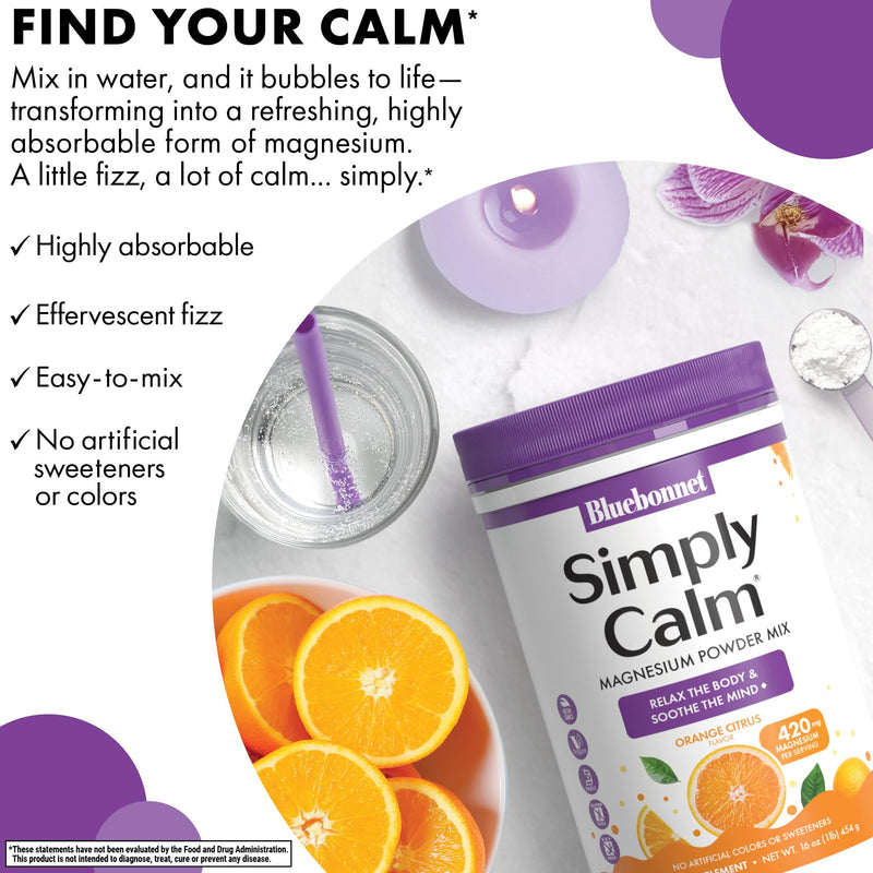 Bluebonnet Nutrition Simply Calm Powder, For Calm*, Muscle Cramps*, Stress Relief*, Soy-Free, Gluten-Free, Non-GMO, Kosher Certified, Dairy-Free, Vegan, 16 oz, 82 Servings, Orange Citrus Flavor | Stress Relief; Vegan, Vegetarian, Kosher