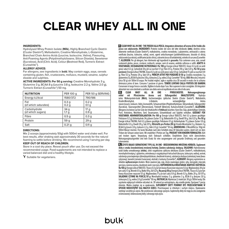 Bulk Clear Whey All in One, Protein Powder Shake with Creatine, Glutamine, BCAA, Carbohydrates, Peach Iced Tea, 500 g, 10 Servings, Packaging May Vary