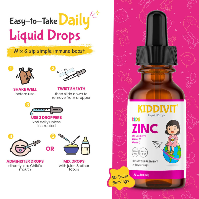 Zinc Kids Liquid Drops with Elderberry, Vitamin D3 & C – 30 Daily Servings, 2 FL OZ (60 mL) – Immune Support for Children – Sugar Free, Gluten Free, Vegetarian