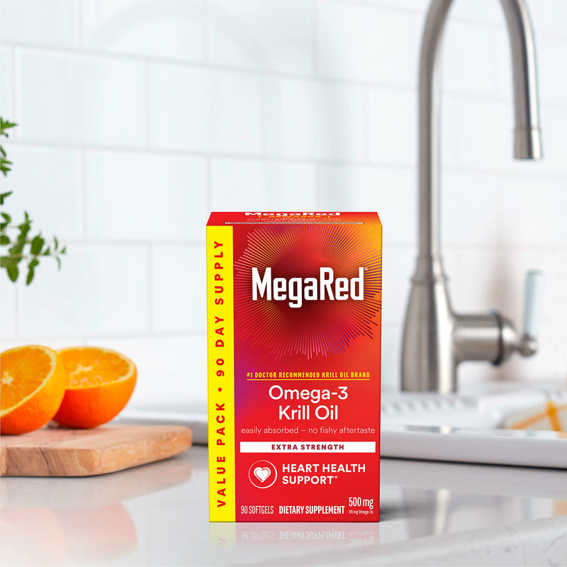 MegaRed Antarctic Krill Oil 500mg Omega 3 Fatty Acid Supplement, Extra Strength EPA & DHA Krill Oil Softgels (90cnt Box), Astaxanthin, Heart Health Supplement with No Fish Oil Aftertaste | Antioxidant Astaxanthin, Phospholipids, EPA & DHA, Heart Suppor...
