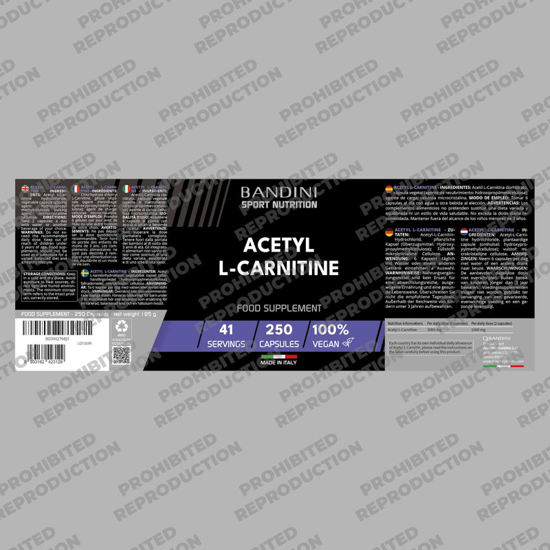 Bandini® Acetyl L-Carnitine 250 capsules | 3000mg per daily dose | Acetyl-L-Carnitine Amino Acid Sports Performance Supplement | High Strength ALCAR | Metabolism & Energy | 41-Days Supply | 100% Vegan