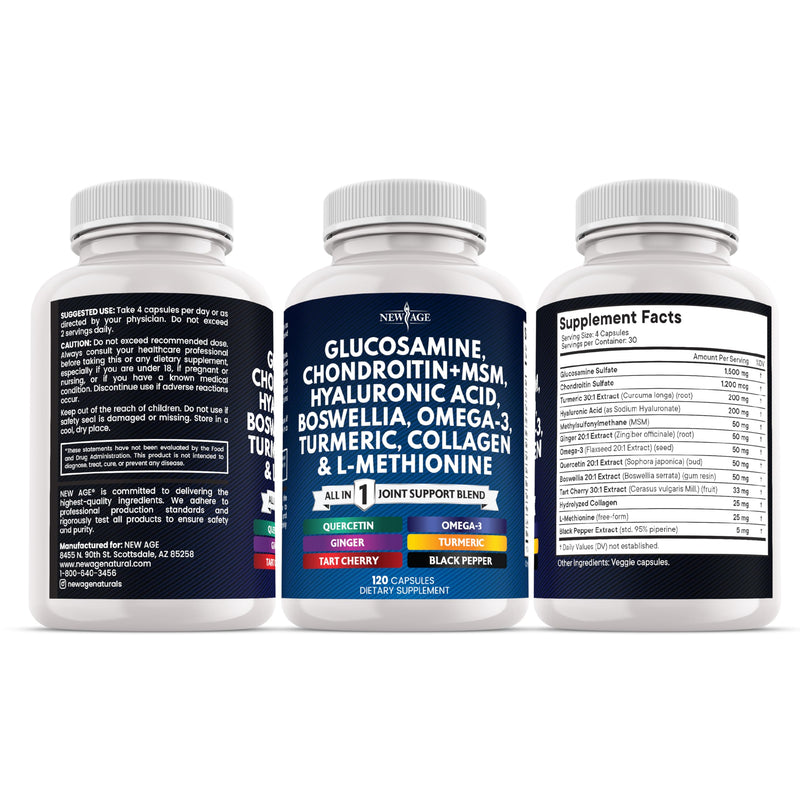 Glucosamine Chondroitin, MSM, Turmeric Curcumin, Collagen, Hyaluronic Acid, Omega 3 – Joint Health Supplement for Men & Women – 120 Count 120 Count (Pack of 1)