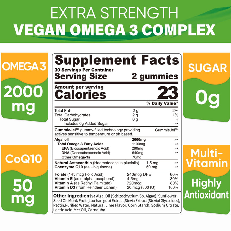 LILICARE Sugar Free Omega 3 Fatty Acid 2000mg With 640mg DHA & 290mg EPA, Multivitamin, CoQ10, Astaxanthin + Ginger Filled Gummies for Nausea - Stomach Relief - Ultra Absorption for Digestive Support