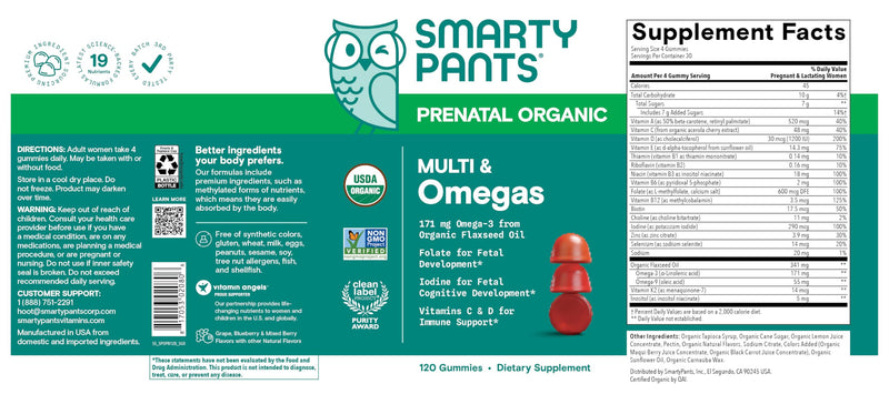 [Australia] - SmartyPants Organic Prenatal Vitamins for Women, Multivitamin Gummies: Biotin, Methylfolate, Omega 3 (ALA), Vitamin D3, C, Vitamin B12, B6, A, K2 & Zinc, Choline, Vegetarian, 120 Count (30 Day Supply) 120 Count (Pack of 1) 