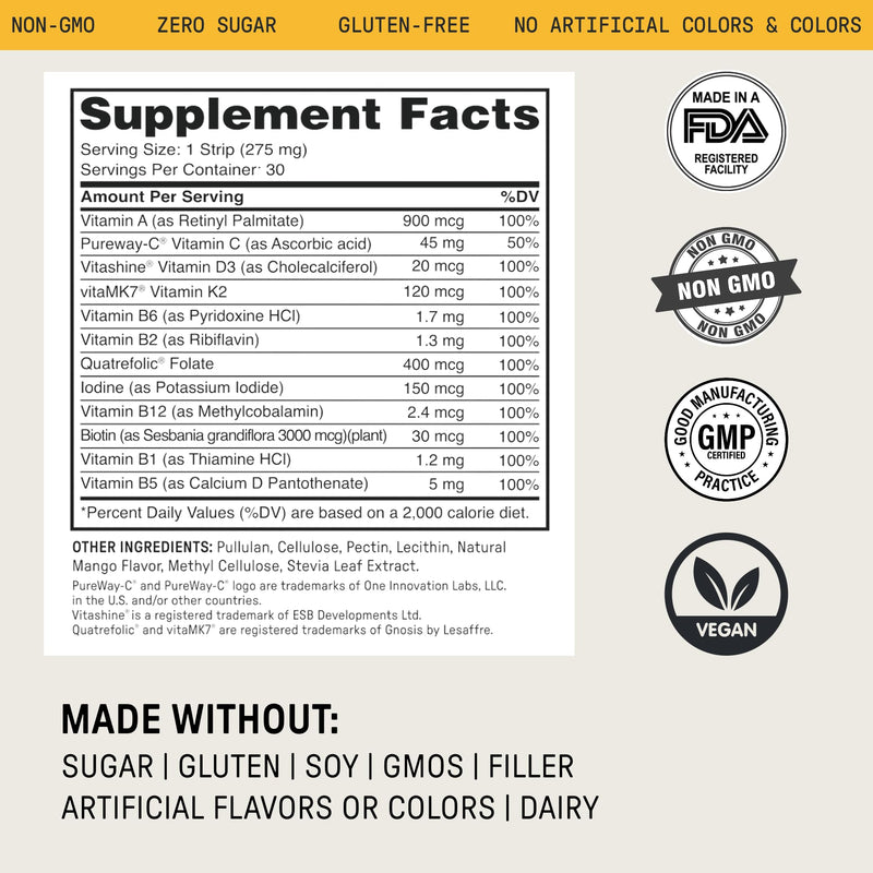 Meche Body Sync™ | Rapid Dissolve Daily Multivitamin Strips (30 Count) | Precise Dose Delivery, High Bioavailability with Vitamins A, C, D3, K2, Methylated B12 Complex & Folate, All Ages & Genders