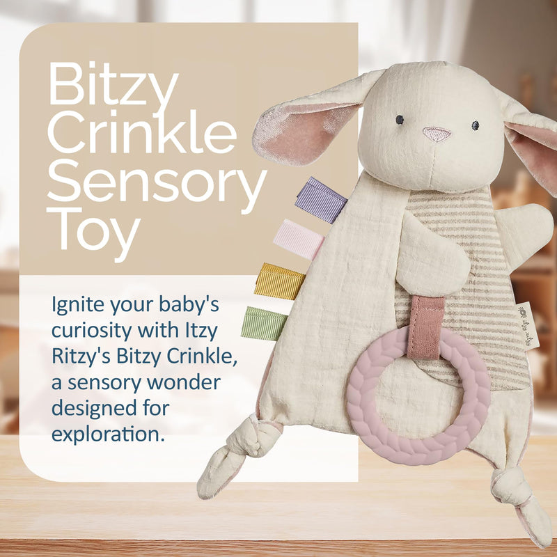 [Australia] - Itzy Ritzy - Bitzy Crinkle Sensory Toy Bunny with Crinkle Sound for Babies & Toddlers - Features Soft Braided Teething Ring & Textured Ribbons, Designed for Ages 0 Months and Up, Bunny 
