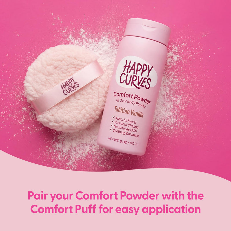 HAPPY CURVES Comfort Powder: Talc Free Anti Chafe Body & Foot Dusting Powder Deodorant to Control Inner Thigh Chafing, and Private Areas 6oz (Pack of 1) - Tahitian Vanilla 6 Ounce (Pack of 1)