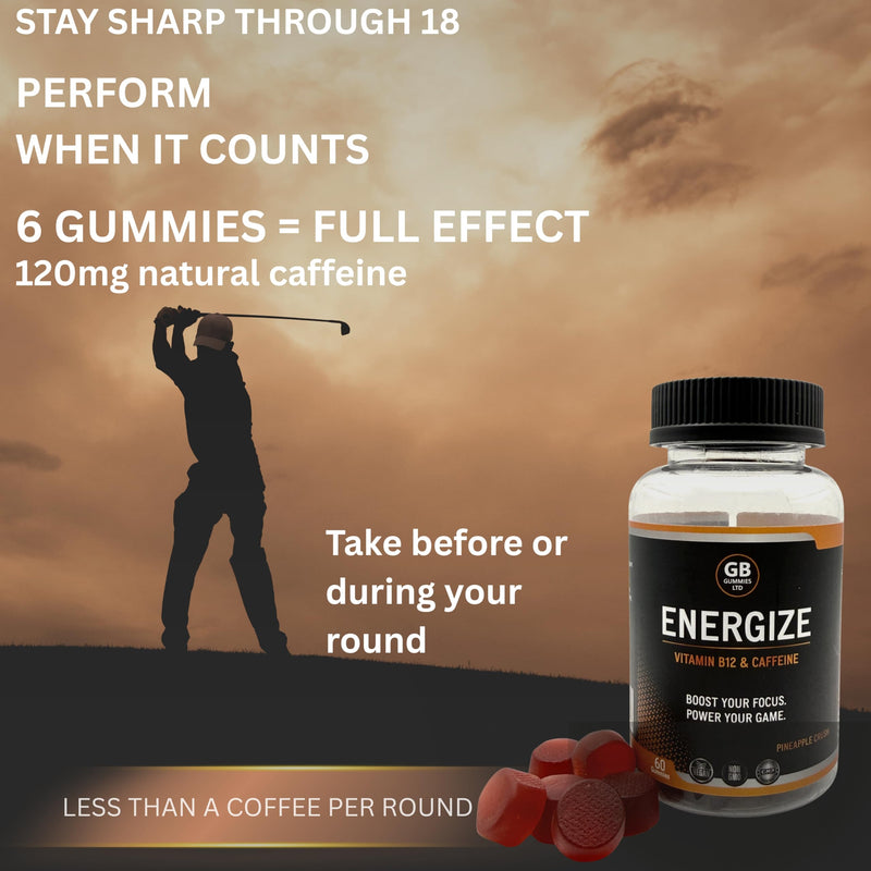Energy Gummies for Golfers | 120mg Caffeine + L-Theanine | Golf Focus & Energy | Vegan | 60 Gummies | GB Gummies Energize