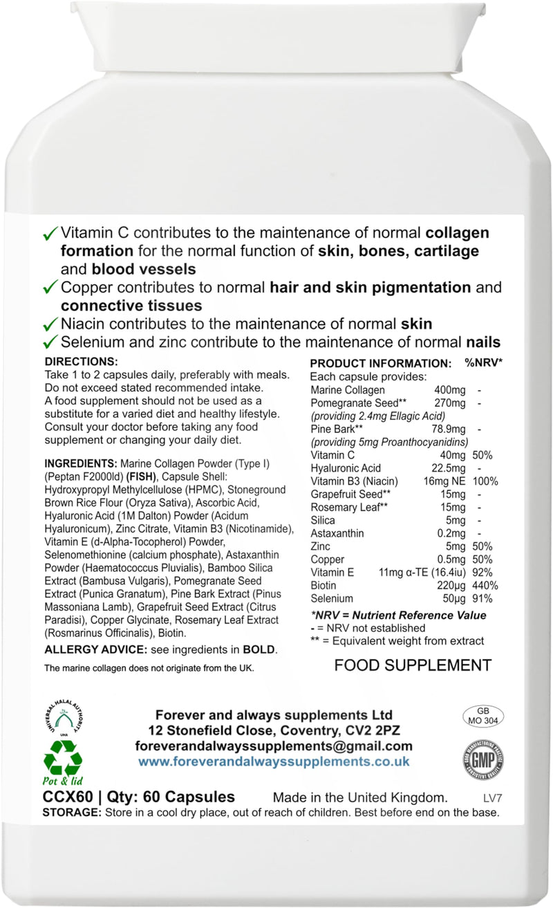 PureBeauty Marine Collagen, Capsules, with Hyaluronic Acid, Biotin, Vitamin C, E, B3 & Minerals, for Hair, Skin, Nails, Bones, Joints, Oxidative Stress, Forever & Always Supplements