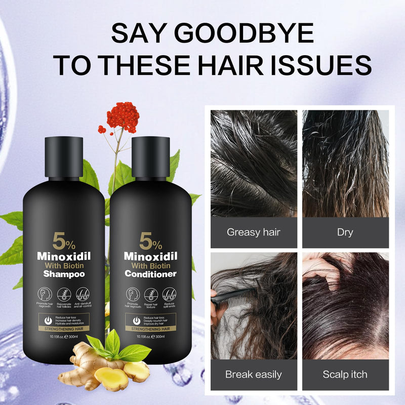 Minoxidil Shampoo & Conditioner Set for Hair Growth – Biotin, Ginseng & Ginger – Supports Thicker, Fuller Hair – Scalp Care Formula – For Men & Women – 600ml Duo