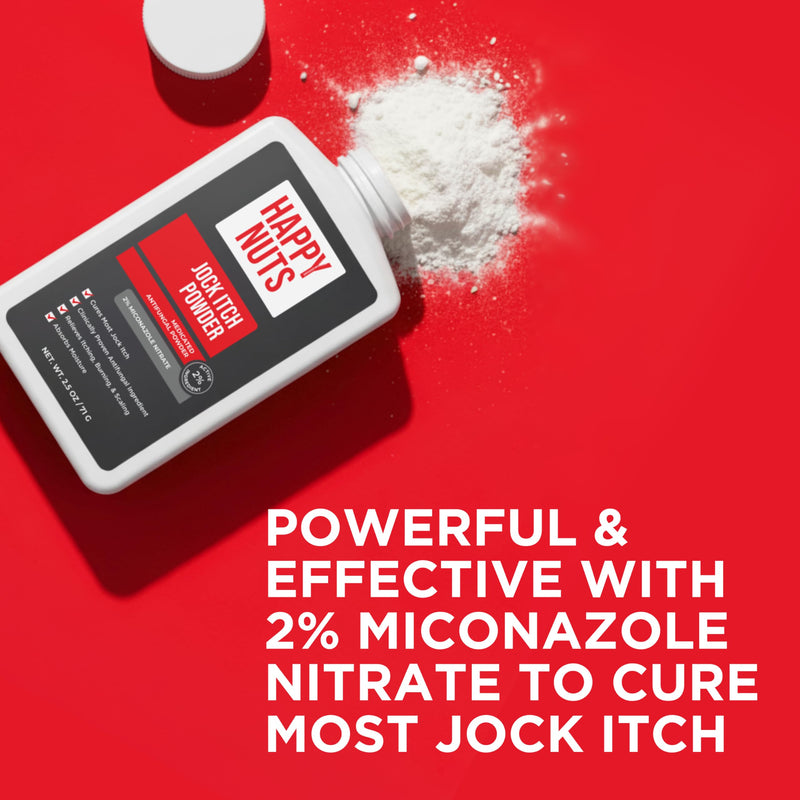 HAPPY NUTS Jock Itch OTC Antifungal Treatment Powder - 2% Miconazole Nitrate - FSA Eligible HSA - Clinically Proven Cures Most Jock Itch, Athletes Foot, Ringworm and More - Relieves Itching & Burning