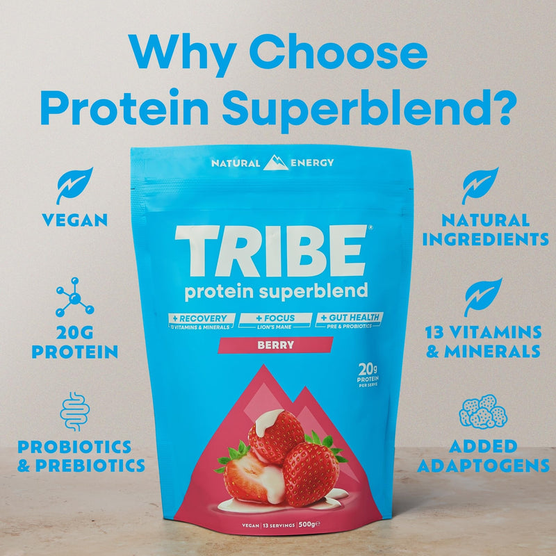 TRIBE Vegan Protein Superblend | 500g | 20g Protein | Recovery, Focus and Digestion | Plant-Based Nutrition Shake | Lion's Mane, Ashwagandha & Magnesium | Berry Flavour