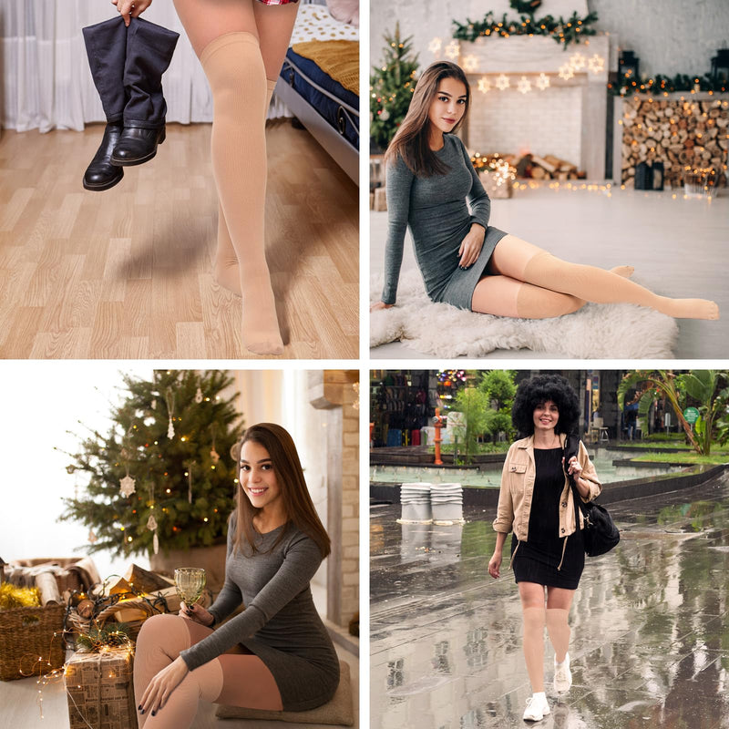 [Australia] - Plus Size Thigh High Compression Stockings for Circulation Support, Closed Toe Stocks for Men & Women, Beige 5X-Large Beige-1 
