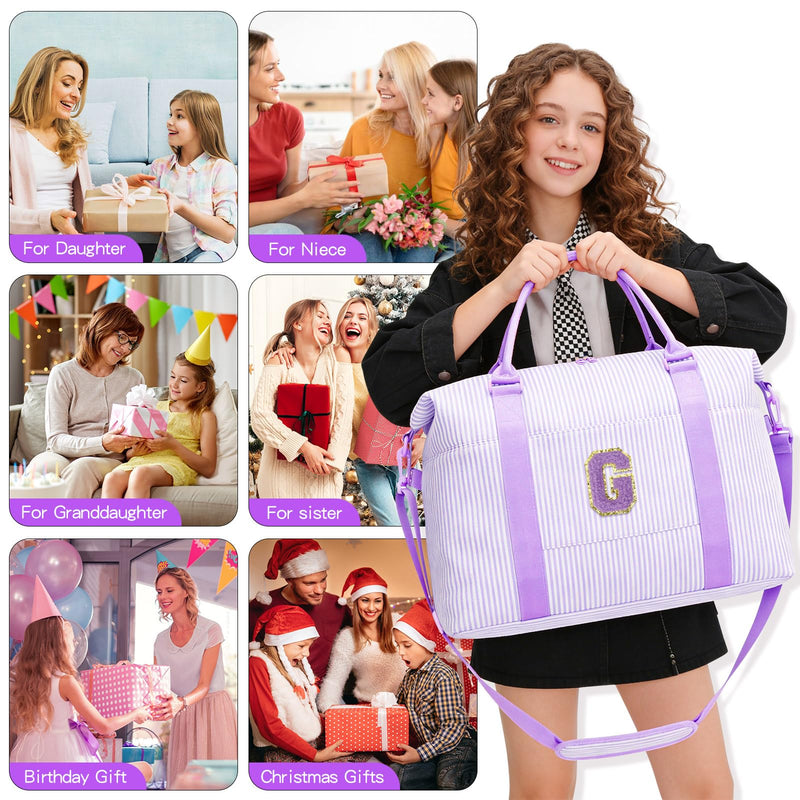 Birthday Gifts for Teen Girl Women Initial Travel Duffle Bag | Cute Overnight Weekender Bag with Makeup Pouch, Personalized Dance Gymnastics Bag, Purple-G G