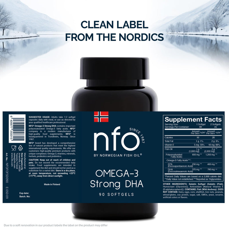 NFO Strong DHA Omega 3 – 90 Capsules | High DHA Norwegian Fish Oil in Triglyceride Form | with EPA and Vitamin E