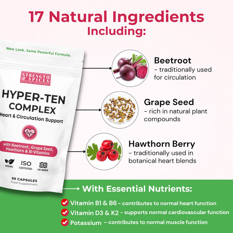 Strength & Spices Blood Pressure Aid Capsules – 17 Natural Ingredients incl. Beetroot, Hawthorn & Grape Seed – with Vitamin B1 & Magnesium – UK Made, Vegan, ISO Certified, 60 Capsules Refill
