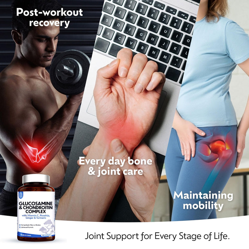 Glucosamine and Chondroitin Complex 1500mg, 180 Capsules, Up to 6 Months Supply – High Strength Joint Support with MSM, Vitamin C, Turmeric, Ginger & Rosehip | London Life Sciences