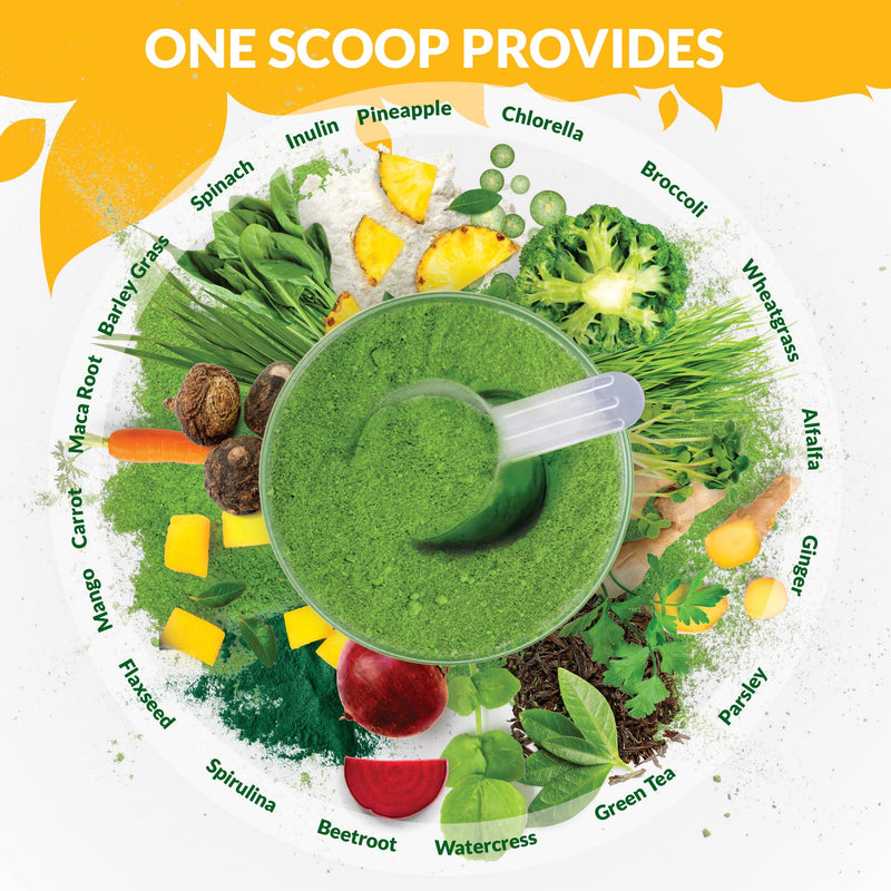 Nu U Nutrition - Super Greens Blend Mango Powder 300g - 17 Active Superfood Ingredients - 60 Servings - Vitamin & Mineral Rich Supplement - 100% Vegan, No Additives