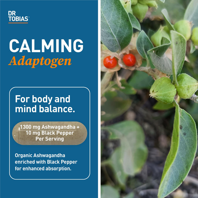 [Australia] - Dr. Tobias Ashwagandha Capsules, 1300mg Organic Ashwagandha Root Extract Per Serving with Black Pepper, Calming Adaptogen, Energy & Focus Supplement, 60 Vegetarian Capsules 
