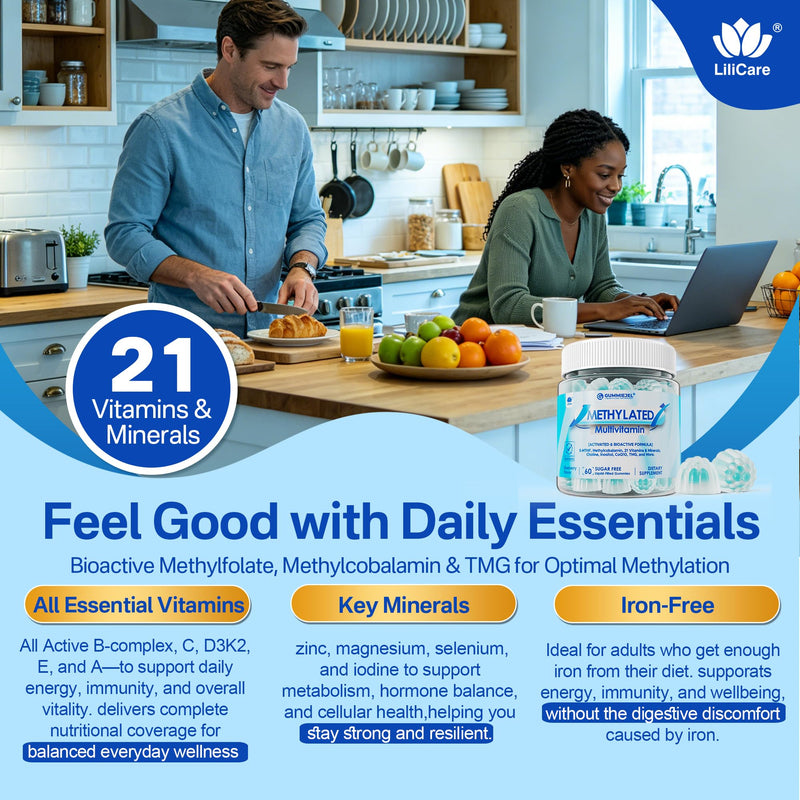 Methylated Multivitamin for Women Mens Gummies, Daily Vitmains Methylfolate | Greens & Mushroom Blend, Methyl B12, TMG, Choline, D3K2, B Complex, Coq10, ALA, Overall Wellness, Energy, Sugar Free, 60 Ct 60 Count (Pack of 1)