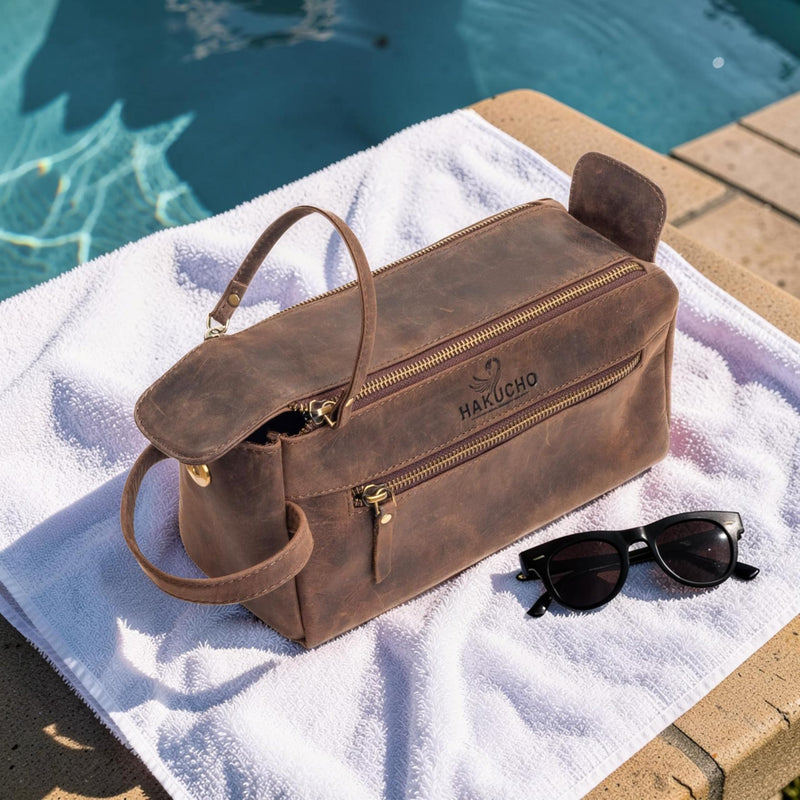 Full Grain Leather Toiletry Bag for Men & Women – Water-Resistant Travel Shaving Kit Organizer with YKK Zipper, Spacious Bathroom Grooming & Cosmetic Storage Case, Dark Brown 1