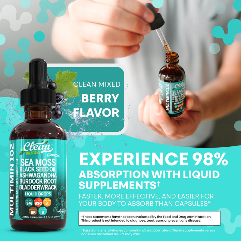 [Australia] - Clean Nutraceuticals Sea Moss Drops Supplement Liquid with Black Seed Oil Ashwagandha Burdock Root & Bladderwrack - Multimineral Organic Non-GMO Vegan for Gut Heath Skin Immune Support Hair (2) 2 