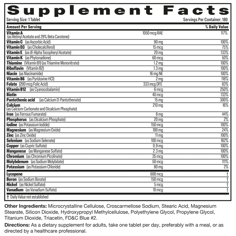 Bronson ONE Daily Men's Complete Multivitamin Multimineral, 180 Tablets | Once-Daily, Targeted Nutrition For Active Men, Wellness, Vitality, Energy & Endurance Support with Lycopene & Boron 180 Count (Pack of 1) Men's Vitamin