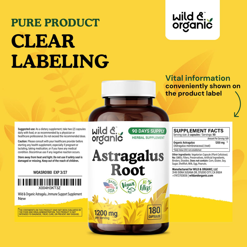 [Australia] - Wild & Organic Astragalus Capsules 1200 mg - Immune Support - Astragalus Root Powder Supplement - 90 Days of Supply - Vegan, No Fillers, Non-GMO - 180 Count 