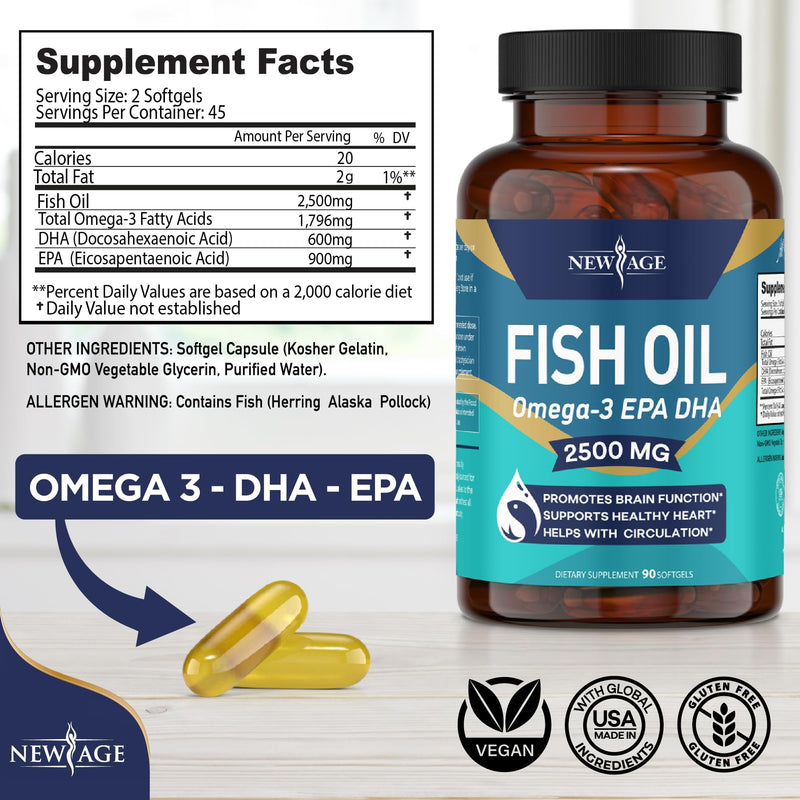 NEW AGE Omega 3 Fish Oil 2500mg Supplement Immune & Helath Support – Promotes Joint, Eye & Skin Health - Non GMO - EPA, DHA Fatty Acids Gluten Free (180 Softgels (Pack of 2)) 180 Softgels (Pack of 2)