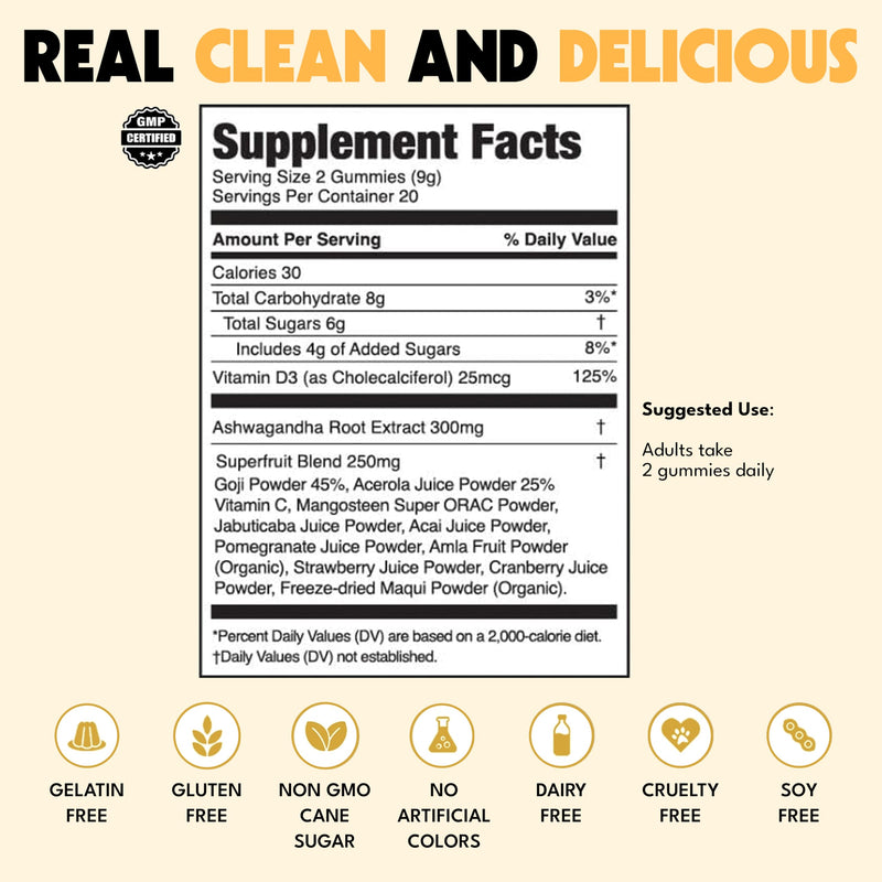 JUGO Focus + SUPERFOODS Ashwagandha Gummies with Vitamin D3 & Superfruit Blend, Vegetarian-Friendly Focus Supplement with Adaptogens, Gelatin-Free and Gluten-Free, Non-GMO, Made in USA, 40 Coun