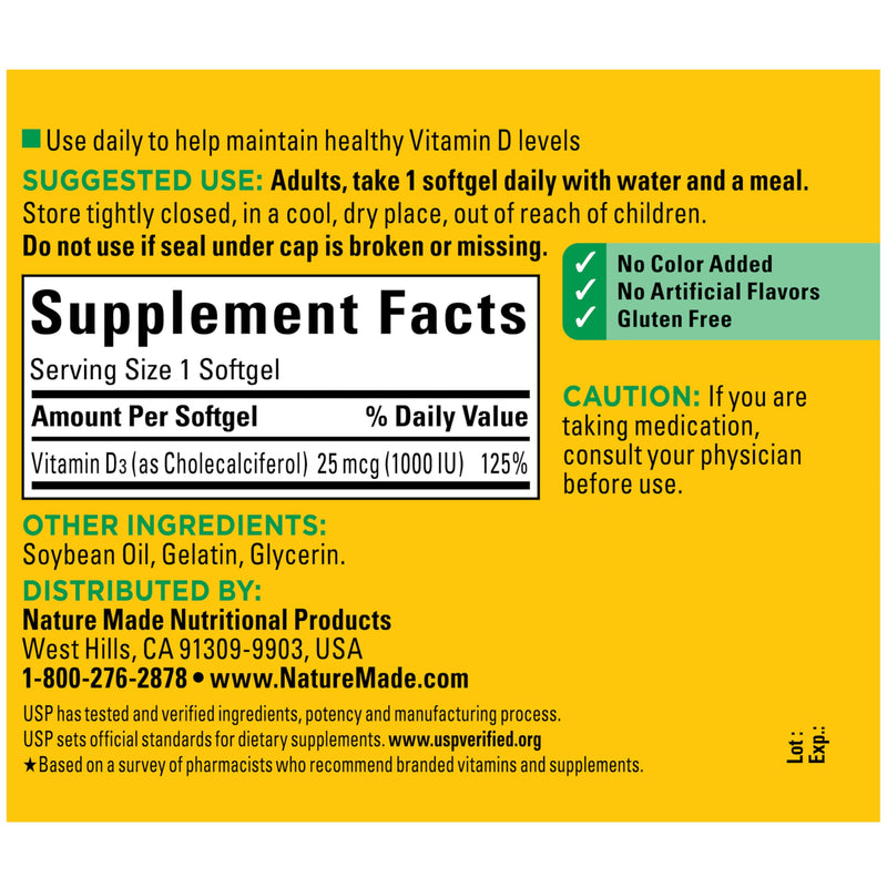 Nature Made Vitamin D3 1000 IU (25 mcg), 180 Vitamin D Softgels | Vitamin D Supplement for Immune, Bone, Teeth and Muscle Health Support, 180 Day Supply 180 Count (Pack of 1)