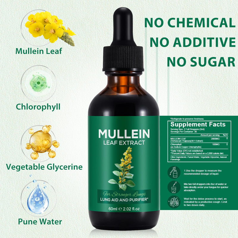 Mullein Drops for Lungs, 2 Pack Powerful Mullein Leaf Extract for Lungs Cleanse and Healthy Breathing, 2 Month Supply, 60ml 60 ml (Pack of 2)