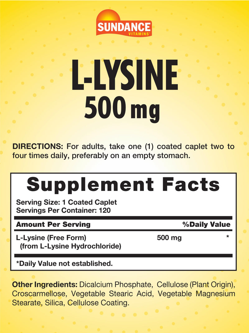[Australia] - L-Lysine 500mg | 120 Caplets | Free Form Amino Acid | Vegetarian, Non-GMO, and Gluten Free Supplement | by Sundance 