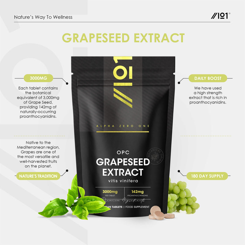 OPC Grape Seed Extract 3,000mg - Standardised 95% OPCs - 180 Vegan Tablets - Made from Italian Vineyard Grapes - 6 Months Supply - By Alpha01