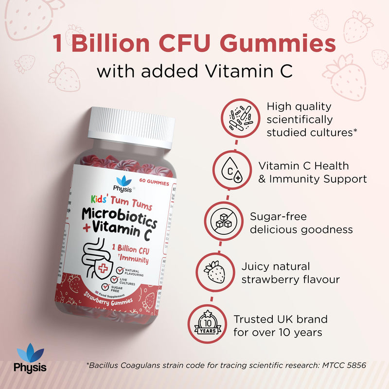 Physis Tum Tums Sugar Free Gummies 2+ | 1 Billion CFU & Vitamin C | Toddlers (Chewing Age) & Children | Gut, Good Health & Immunity | Daily Routine Support | Live Cultures | 60 Strawberry Gummies 60 count (Pack of 1)
