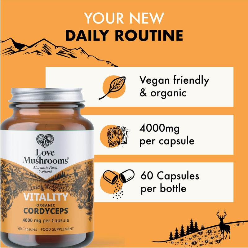 Organic Cordyceps Capsules 4,000mg per Capsule | High Strength Mushroom Extract Supplement for Endurance, Stamina & Natural Energy Support | Vegan, Plant Based, UK Made | 60 Capsules 60 count (Pack of 1)