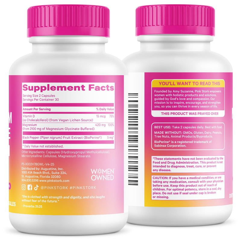 Pink Stork Magnesium Glycinate with Vitamin D, 60 Capsules | Magnesium Supplement for Women, Supports Natural Calm, Mood, and Sleep, Hormone Balance for Women, 1 month supply Unflavored 60 Count (Pack of 1)
