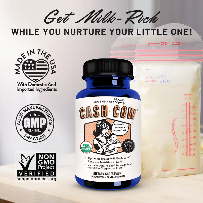 [Australia] - Legendairy Milk Cash Cow Lactation Supplement, Moringa, Alfalfa, and Goat's Rue Breastfeeding Supplement for Milk Supply Increase, Fenugreek-Free, Certified Organic, Vegan, Non-GMO, 60 Capsules 
