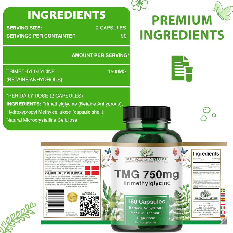 TMG 750mg Trimethylglycine (Betaine) | 180 Vegan Capsules | 99%+ Pure Methyl Donor for Normal Homocysteine Metabolism | High Strength | Lab Tested Supplement | Made in Denmark | Source of Nature