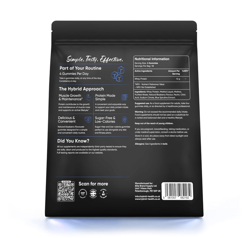 Hybrid Health Whey Protein Gummies - 12g Protein Per Serving, 60 Gummies, Natural Blueberry Flavour, Sugar-Free, High Protein for Muscle Growth & Maintenance