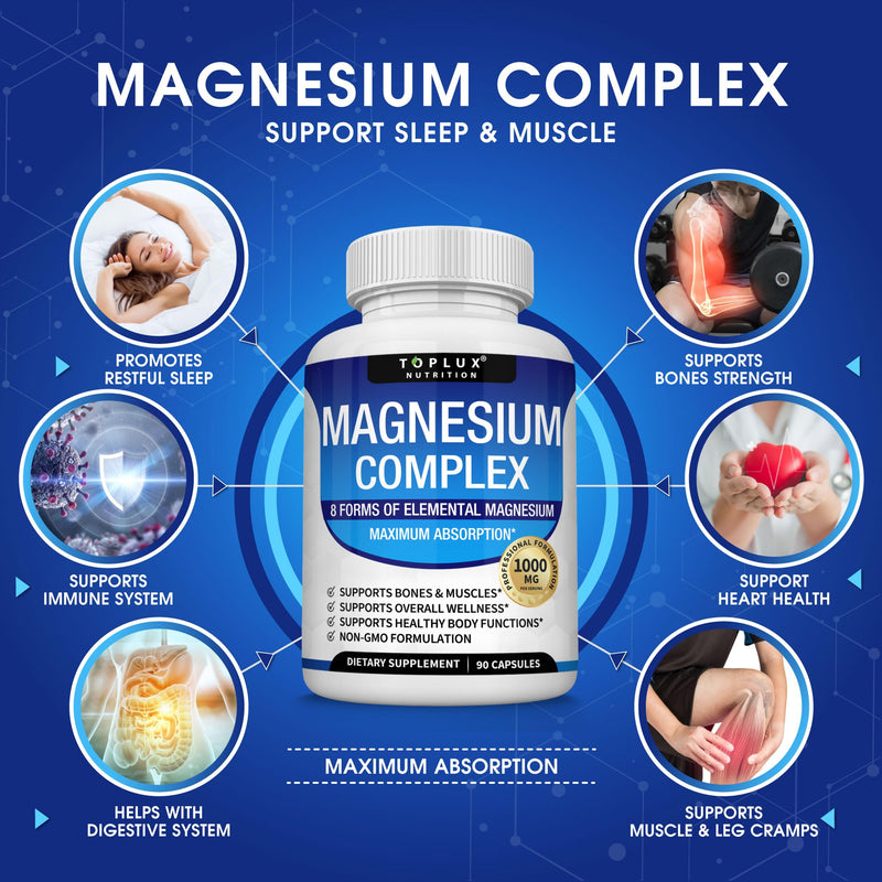 [Australia] - Magnesium Complex Supplement 8 Elemental 1000mg - Magnesium Glycinate, Citrate, Malate, Taurate, Chelated for Easy Absorption for Bones, Muscle, Recovery, Energy, Vegan Non-GMO 90 Capsules 90 Count (Pack of 1) 