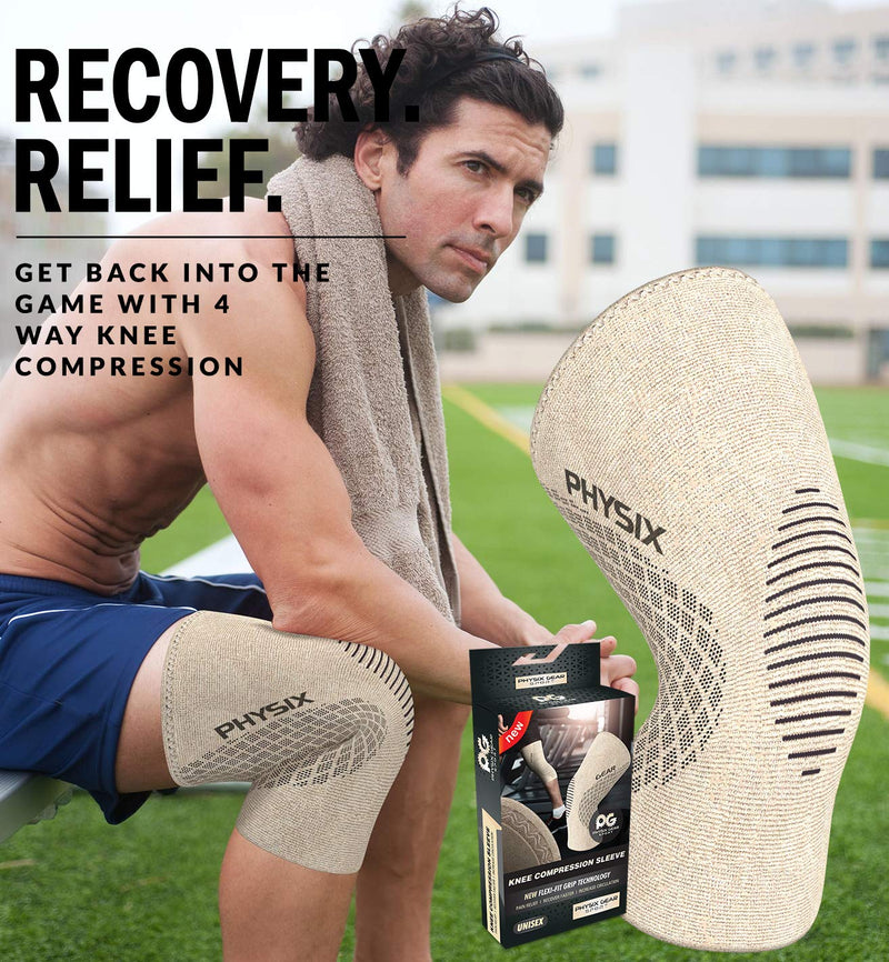 [Australia] - Physix Gear Knee Compression Sleeve for Men & Women - Best Compression Knee Brace for Walking, Running, Gym, Basketball, Weightlifting,Workout, Sports - Knee sleeves Support Compression & Stability M Beige/Black 