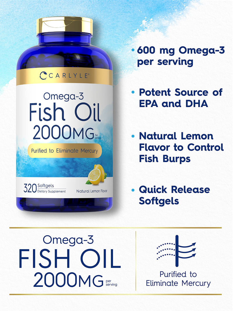 Carlyle Fish Oil Supplements | 2000mg | 320 Softgels | EPA & DHA | 600mg Total Omega-3 | Non-GMO, Gluten Free Pills