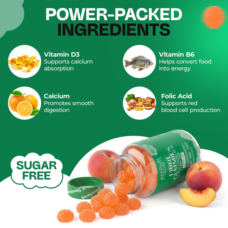 Fibre Gummies – 4g High Fibre Supplements | Gut Health & Digestion System Support | Vegan, Gluten-Free, Sugar-Free | Inulin, Calcium, Vitamin D3, B6 & Folic Acid | 1 Month Supply | Peach Flavour