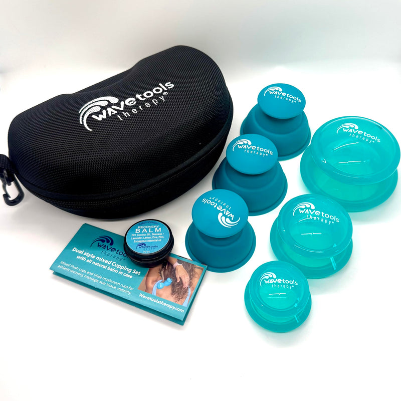 [Australia] - Dual Style Silicone Massage Cupping Therapy Set with All Natural Balm, Mixed 4 or 6 Packs with case (6 Pack, Clear Teal Glide Cups) Clear Teal Glide Cup 6 pack mixed sizes 