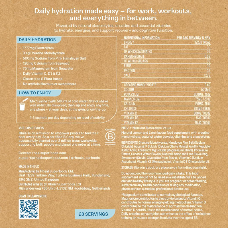 Rheal Hydration + Creatine Sachets, 28 Pack, Ready to Mix, Sugar Free Electrolytes with Creatine & Vitamins, Daily Hydration, Energy, Focus, Performance & Recovery – Lemon & Lime