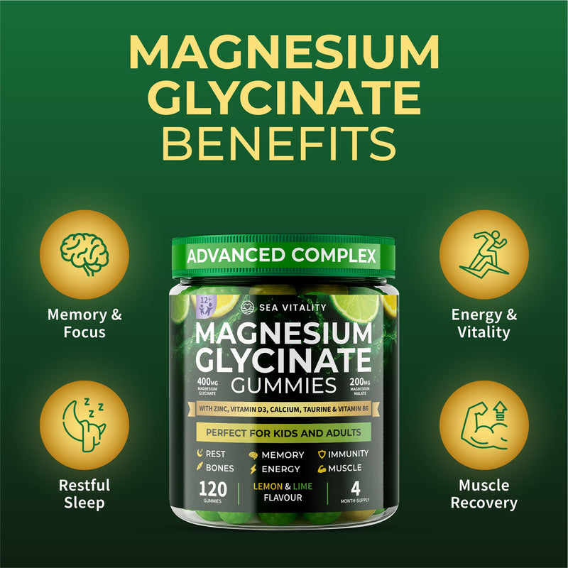 Magnesium Glycinate Gummies for Kids & Adults - High Strength Magnesium Glycinate 400mg with Malate, Zinc, D3, B6 & Taurine – Lemon & Lime Flavours – Sleep, Focus & Relaxation – 120 Chews Lemon Lime 120 count (Pack of 1)