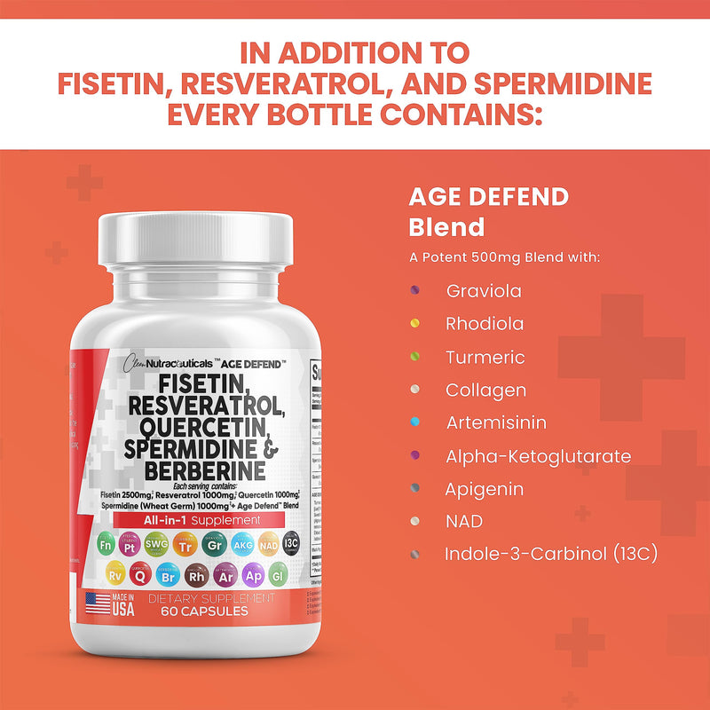 [Australia] - Clean Nutraceuticals Fisetin 2500mg Quercetin 1000mg Resveratrol 1000mg with Spermidine Wheat Germ Extract 1000mg - Health Supplement for Adults Longevity with Berberine, Collagen, Rhodiola, Apigenin 